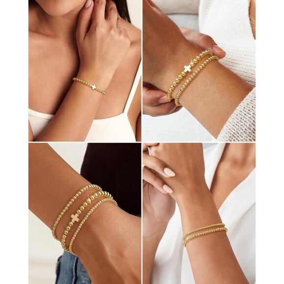 Gold Beaded Bracelet Set for Women 14K Gold Plated Stylish and Stackable - Picture 4 of 6